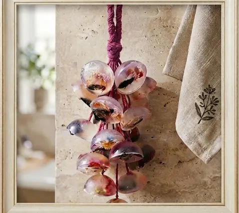 Botanical Gem Soap Cluster — Soaps with embedded dried botanicals, hung on a magenta cord.